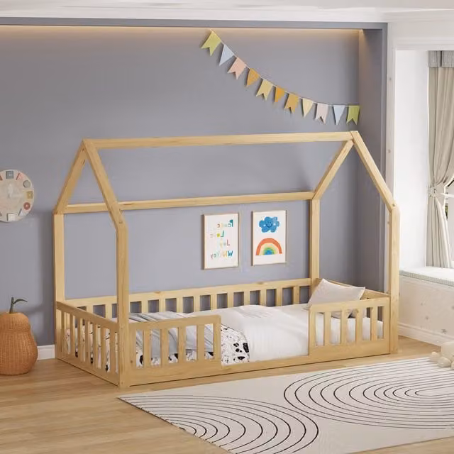 WestWood Montessori House-Shaped Toddler Bed Frame in Natural Solid Pine Wood, Single, W/D/H: 90 x 200 cm