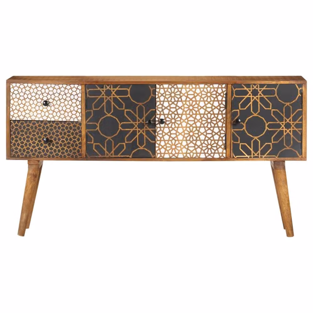 Berkfield Home Sideboard in Brown Solid Mango Wood with Abstract Printed Pattern, W: 130 cm, D: 30 cm, H: 70 cm – 2