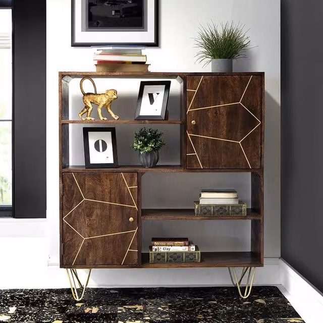 IH Design Jusleen Modern Mango Wood Display Cabinet with Glass Doors in Brown and Gold