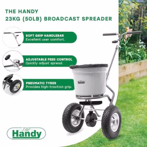 Handy Broadcast Spreader for Fertiliser, Seed or Refined Salt with 23kg Hopper and Puncture Proof Tyres – 5