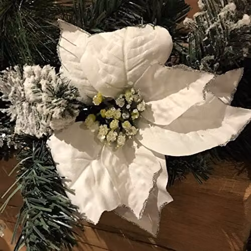 Premier White Poinsettia Christmas Garland with Silver Baubles and Glitter Snow Flocking – 5