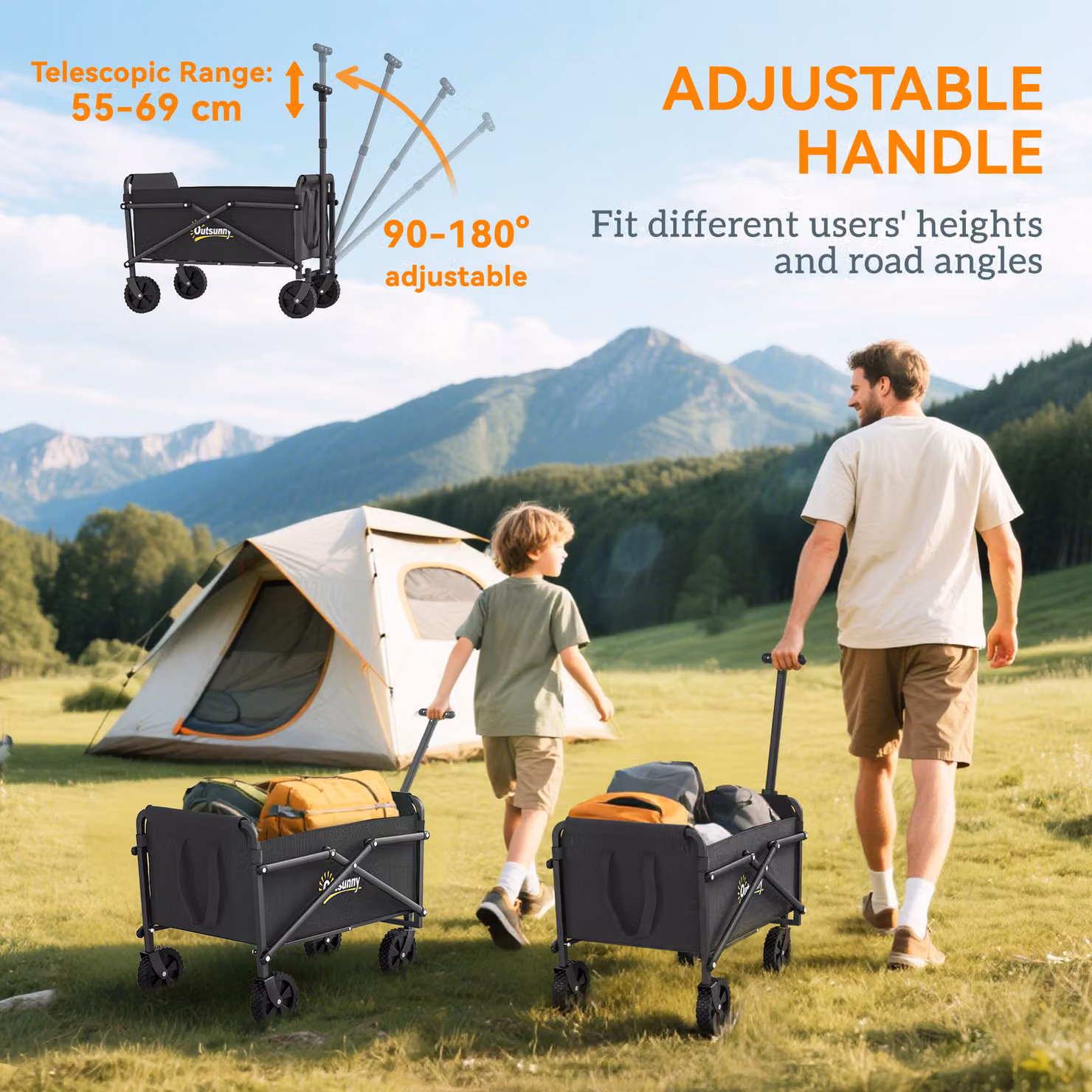 Outsunny 41L Festival Trolley on Wheels, Black Heavy Duty Collapsible Folding Wagon with Adjustable Handle and Carrying Bag – 7