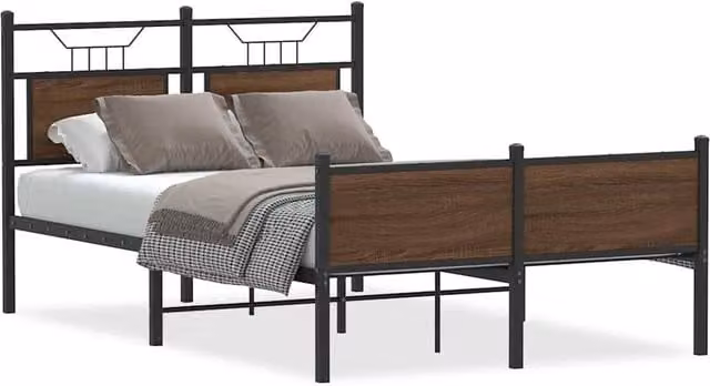 Berkfield Home Small Double Bed Frame in Brown Oak and Metal, W/D/H: 120 x 190 x 91.5 cm – 1