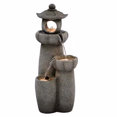 Garden Gear Serenity Cascading Pagoda Water Feature in Grey, Polyresin Outdoor Zen Garden Fountain with LED Lights, Height: 66 cm – 1