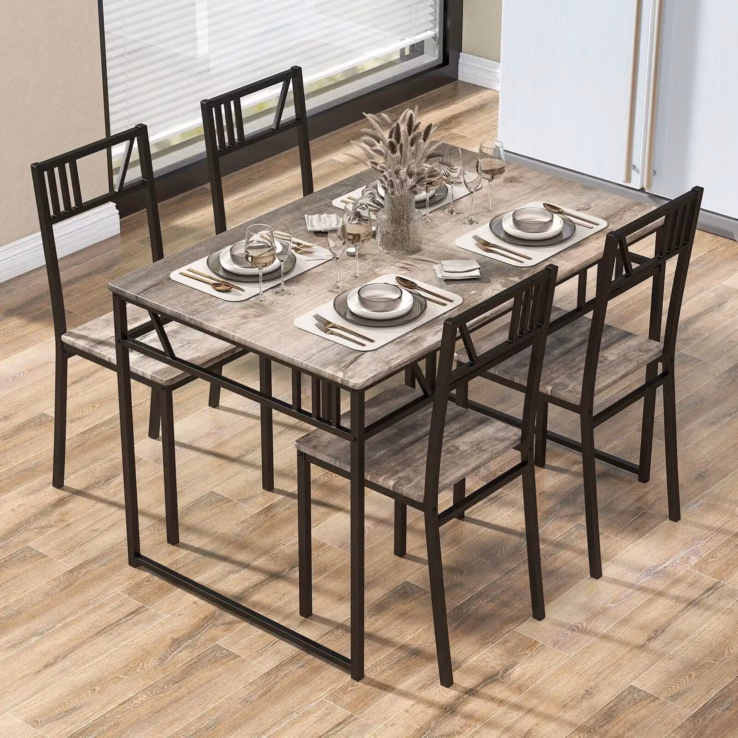 Costway Industrial 5 Piece Dining Set with Rectangular Table and 4 Chairs in Grey – 3