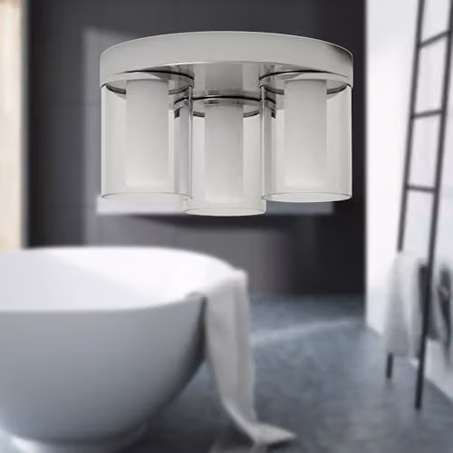 First Choice Lighting Wren Chrome Bathroom Flush Ceiling Light with Transparent Glass Shades – 2