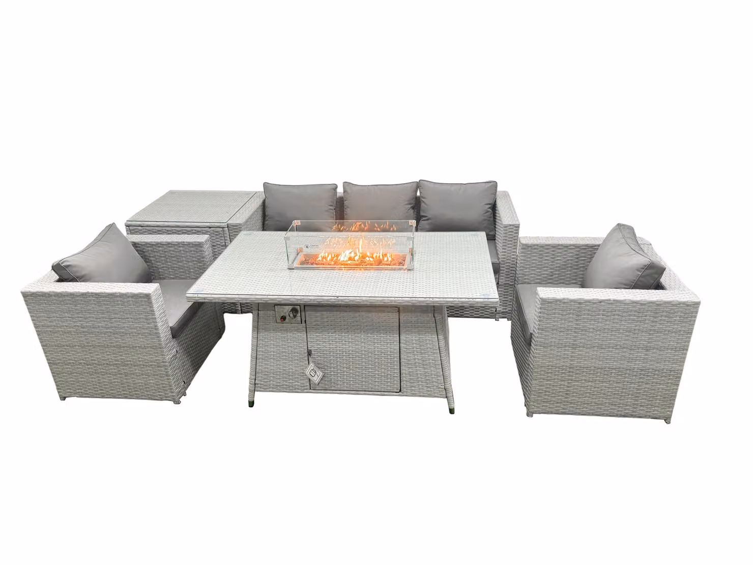 Fimous Corner Rattan Garden Furniture Set with Gas Fire Pit and Side Table in Light Grey – 2