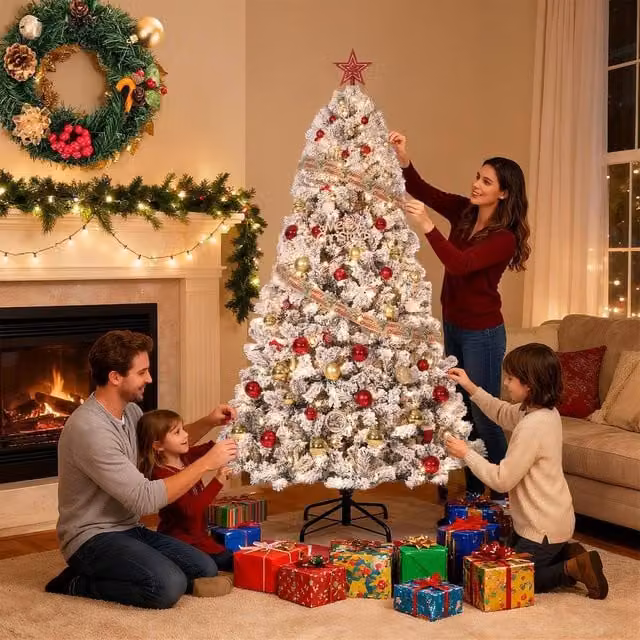 London Boutique 7.5ft Snow-Flocked Artificial Christmas Tree with Warm White LED Lights in White – 1