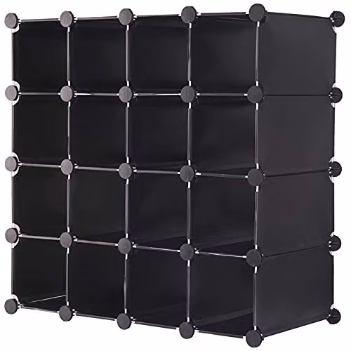 AMOS 16 Pair Interlocking Cube Shoe Storage Rack Organiser with Back Panels in Black