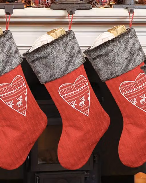 Dibor Set of 4 Red and White Scandinavian Heart Pattern Christmas Stockings
