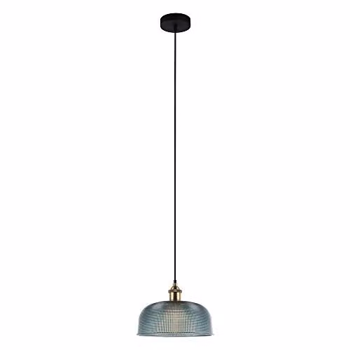 Italux Davide Industrial and Retro Blue Glass Hanging Pendant Light with Gold/Brass Finish, E27
