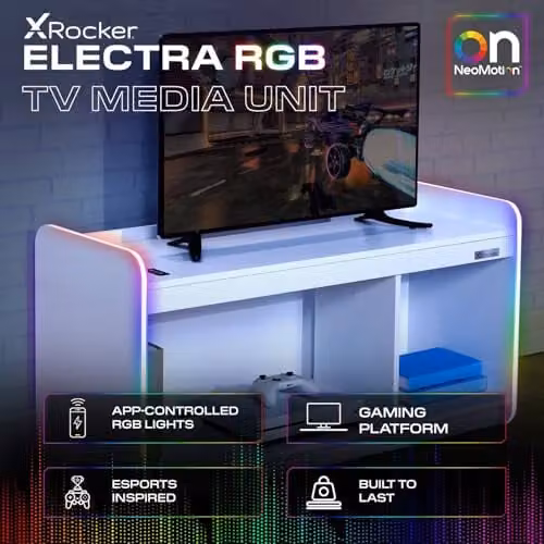 X-Rocker Electra RGB LED Media Centre TV Stand in White, W: 107 cm, D: 43 cm, H: 55 cm – 2
