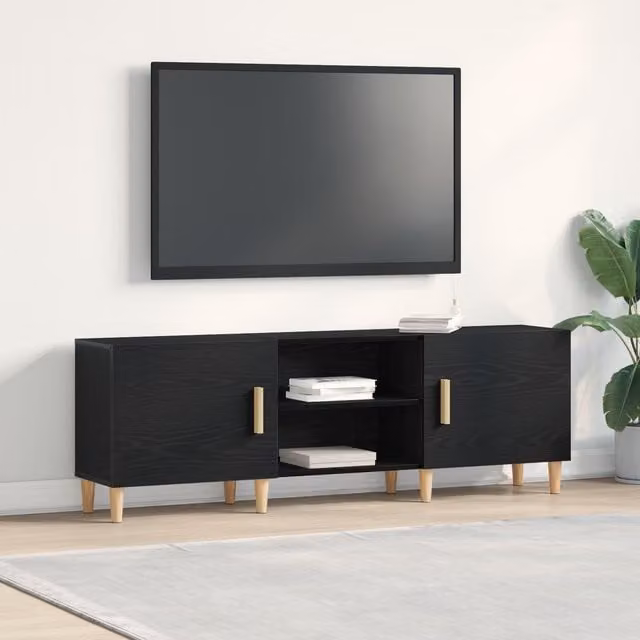Berkfield Home Modern Black Oak TV Stand with Sliding Doors and Internal Shelves, W: 150 cm, D: 50 cm, H: 50 cm – 1