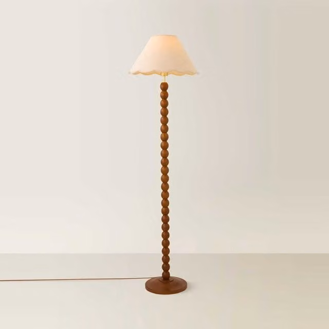 ValueLights Bobbin Colour Trim Linen Bobble Floor Lamp in Brown and Beige with Walnut Wood Trim