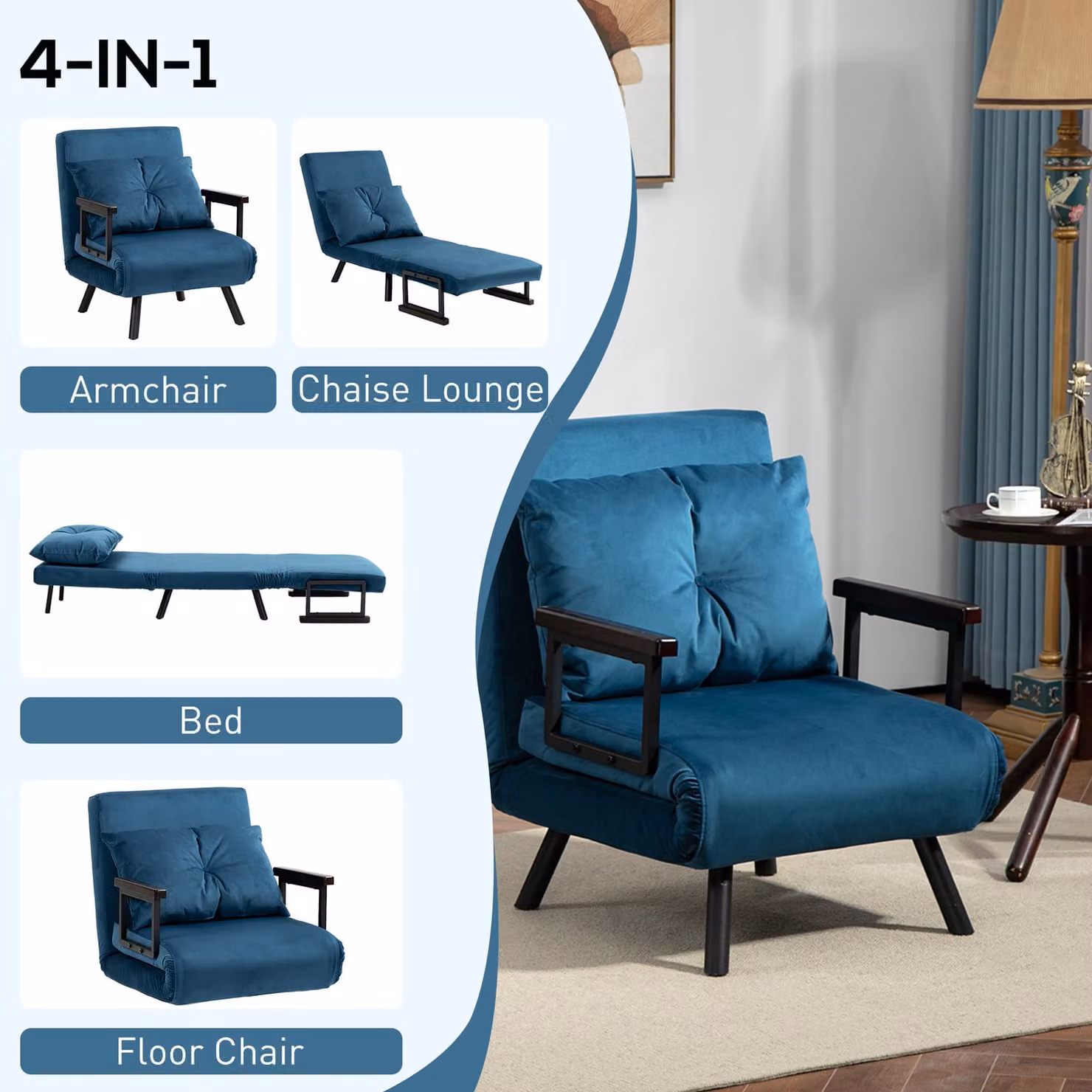 HOMCOM Navy Blue Velvet Click Clack Convertible Single Chair Bed with 2 Cushions – 4