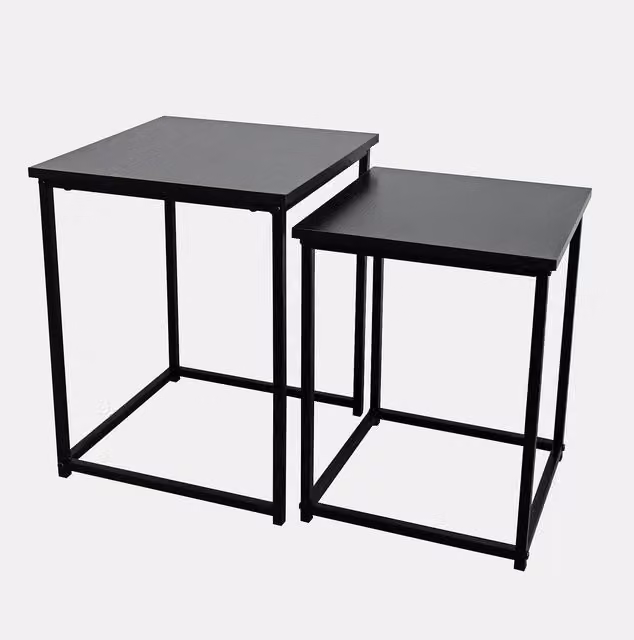 OHS Set of 2 Modern Square Black Wooden Side Tables with Nested Tops