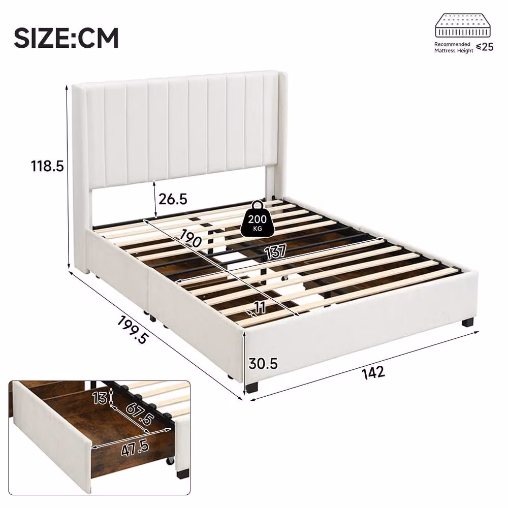 Rolipo Beige Velvet Upholstered Double Storage Bed with 4 Drawers, W/D/H: 140 x 200 x 135 cm – 2