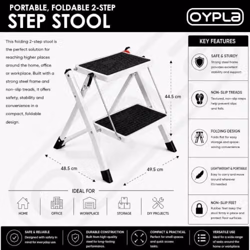 Oypla 2 Step Folding Steel Stepladder in White with Non-Slip Rubber Feet – 2