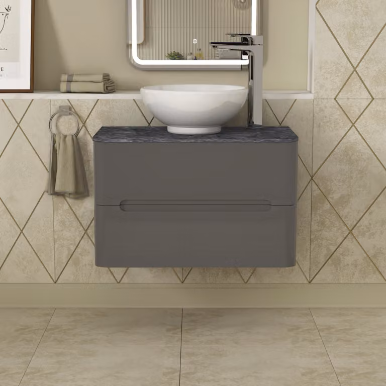 Royal Bathrooms Infinity 800mm Gloss Anthracite Wall Hung Vanity Unit with Black Star Countertop Basin and 2 Drawers