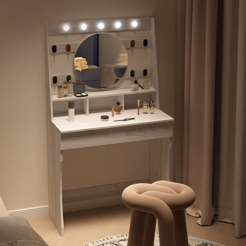 KEEPREAPER Modern Hollywood LED Dressing Table in Light Grey with Marble Detail, W/D/H: 140 x 80 x 40 cm – 5