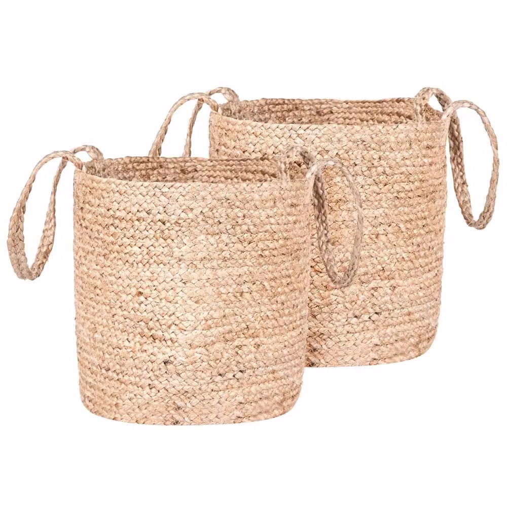 Wyld and Coco Set of 2 Natural Jute Storage Baskets with Long Handles in Beige – 2