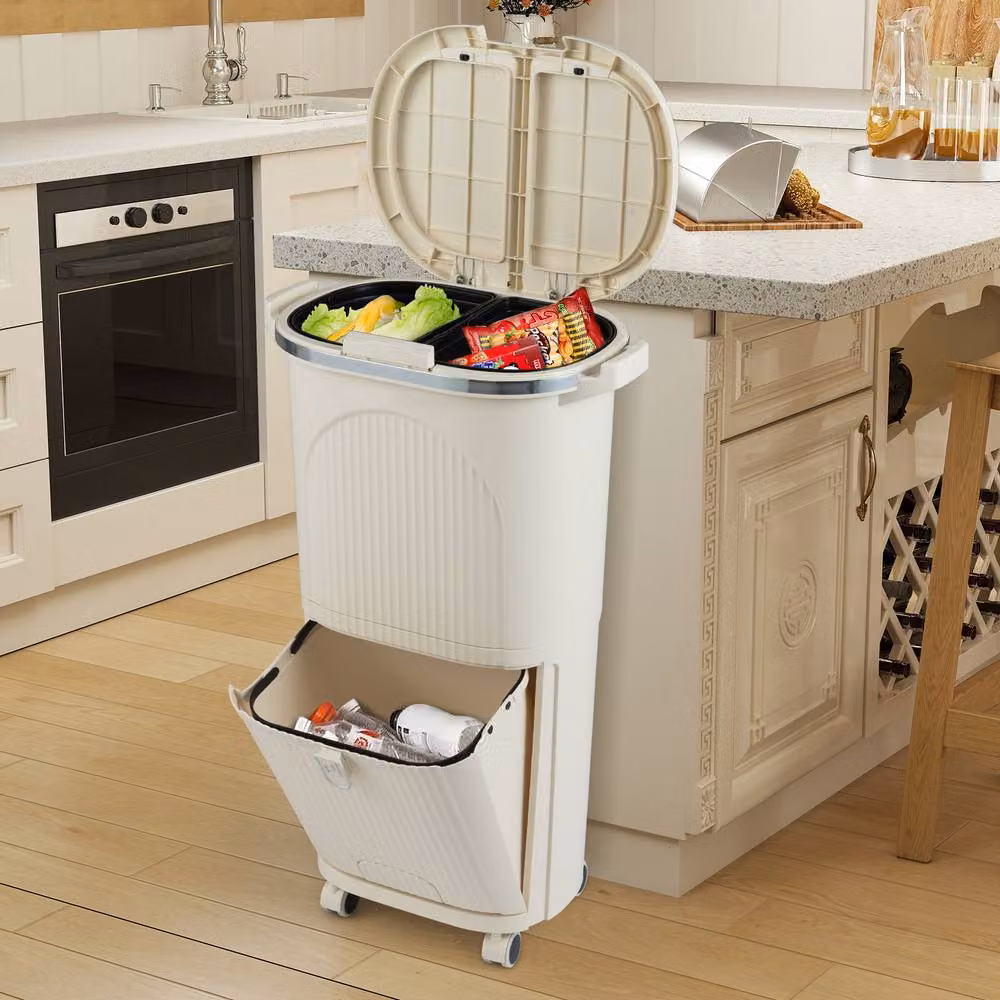 Costway 38L Sorting Garbage Bin with Lids and 2 Detachable Buckets, Beige – 2