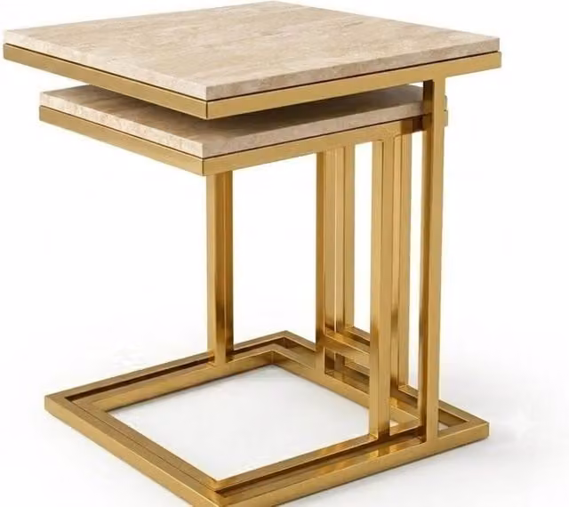 HOME LUXE INTERIOR Erice Gold Side Tables Set of 2 with Cream Marble Tops