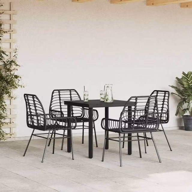 Berkfield Home Beautiful 5 Piece Garden Dining Set in Black Poly Rattan with Glass Top – 1