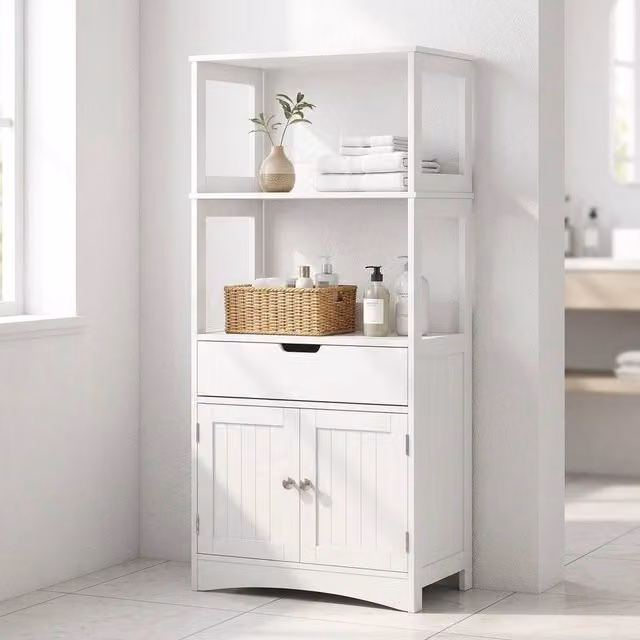 STILVORA White Lacquered Freestanding Storage Cabinet with Drawer, Cupboard and Internal Shelves
