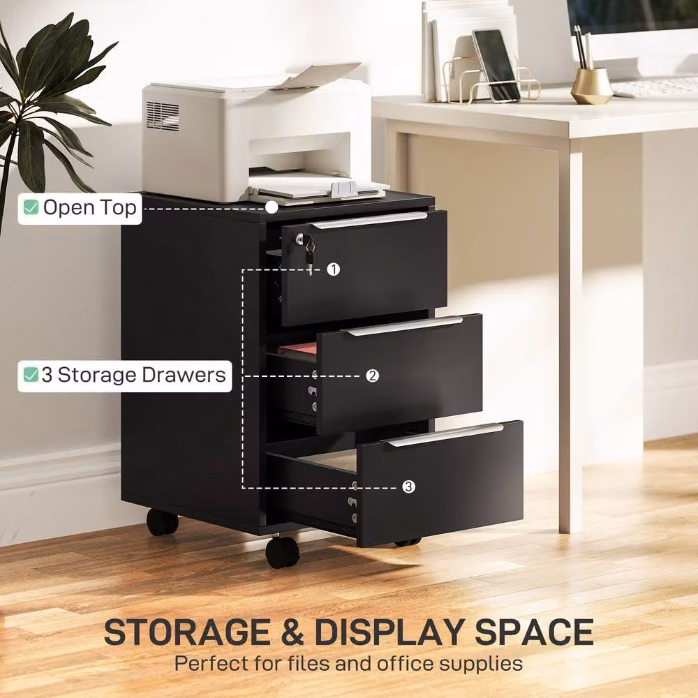 STILVORA Black Three-Drawer Filing Cabinet with Lock and Castors, W/D/H: 40 x 40 x 63.5 cm – 4