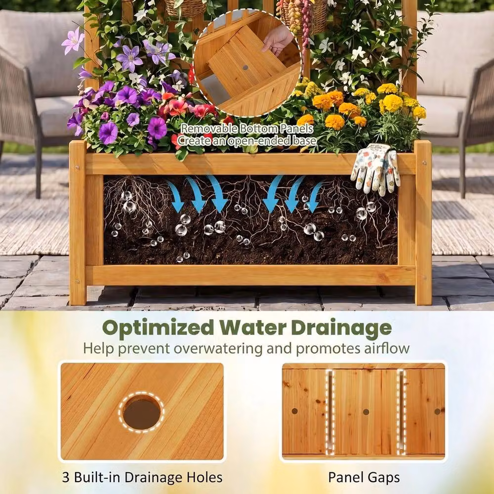 VOGREX Wooden Raised Planter with Trellis and Drainage in Brown, W: 143 cm, H: 76 cm, D: 32 cm – 2