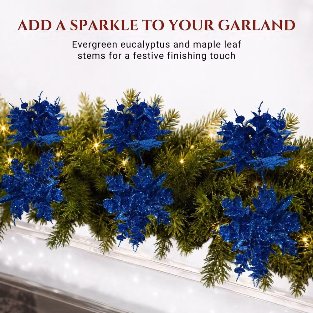 Shatchi 6 Pack Dark Blue Glitter Eucalyptus and Maple Leaf Picks, 17 cm – 6