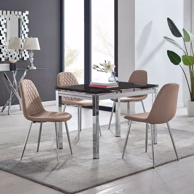 Furniturebox Enna Black Glass Extending Dining Table and 4 Corona Silver Leg Chairs in Cappuccino