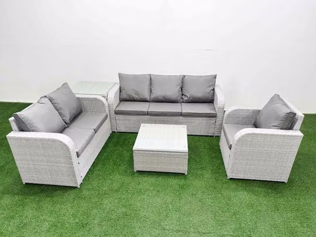 Fimous Patio 6 Seater Grey PE Wicker Rattan Outdoor Furniture Set with 3 Seater Sofa, Loveseat, Reclining Chairs, Coffee Table and Side Table