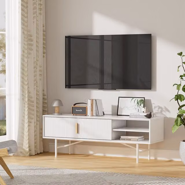 Livingandhome Modern White Striped Wooden TV Stand with Media Compartments