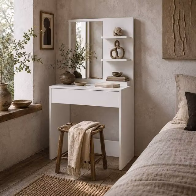 Wyld Haus Ketoli White Dressing Table with Large Mirror, Drawer and Integrated Storage – 1
