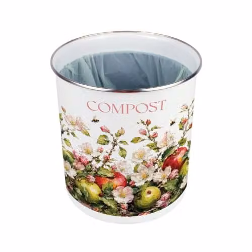 Purely Home Apple Blossoms Compost Caddy, Enamel Metal Kitchen Food Waste Bin with Removable Inner Bucket and Odour Filter, Green and White, 2L – 4