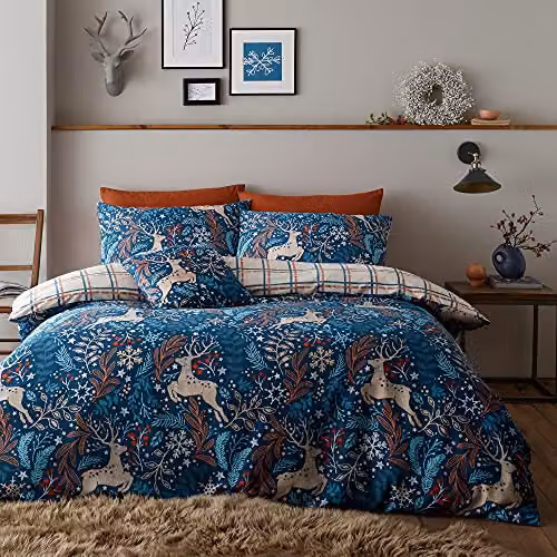 Happy Linen Company Winter Stags Blue Reversible Double Duvet Cover and Pillowcase Bedding Set, W/D/H: 200 x 200 cm and 50 x 75 cm – 1