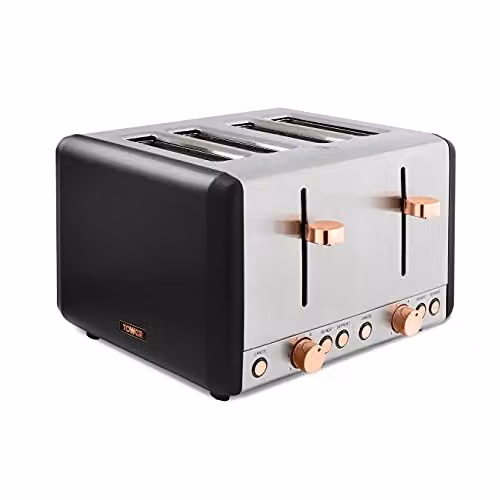 Tower Cavaletto 4-Slice Toaster with Defrost and Reheat, Black and Gold, 1800 W – 1