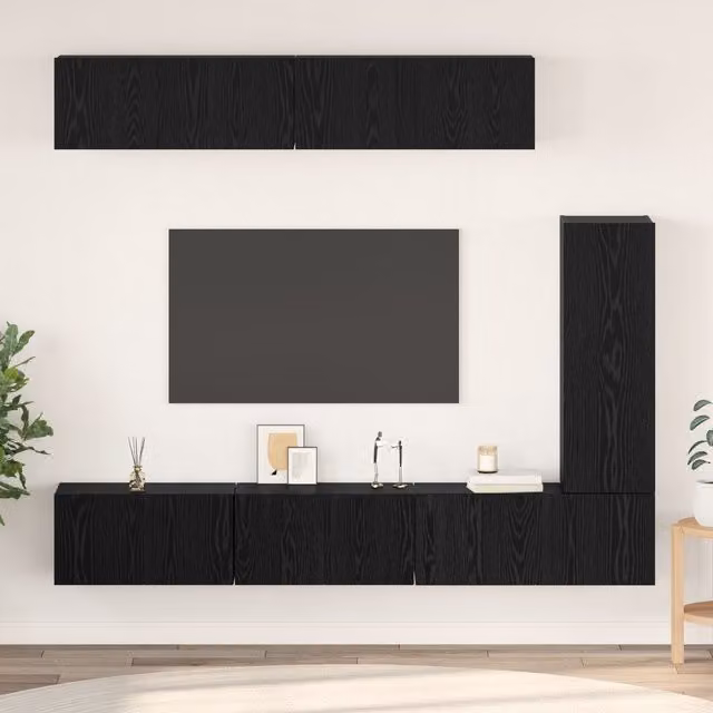 Berkfield Home 6-Piece Wall-Mounted TV Cabinet Set with Storage and Shelving in Black Oak, W/D/H: 30.5 x 30 x 90 cm