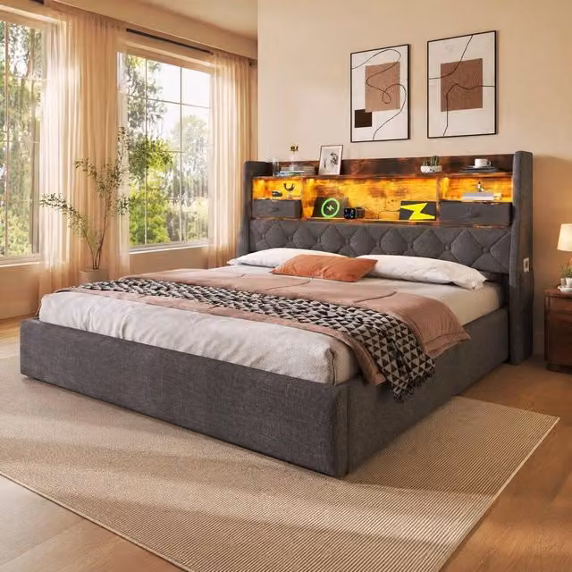 STILVORA Super King Upholstered Bed in Grey with LED Lighting, USB Charging Ports and Lift-Up Base, W/D/H: 180 x 200 cm