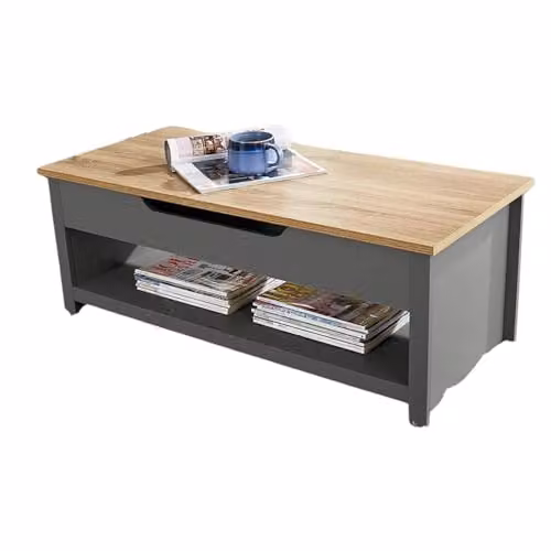 Home Source Avon Lift Up Coffee Table with Storage Shelf, Oak Top, Dark Grey, W: 105 cm x D: 47 cm x H: 40 cm – 1