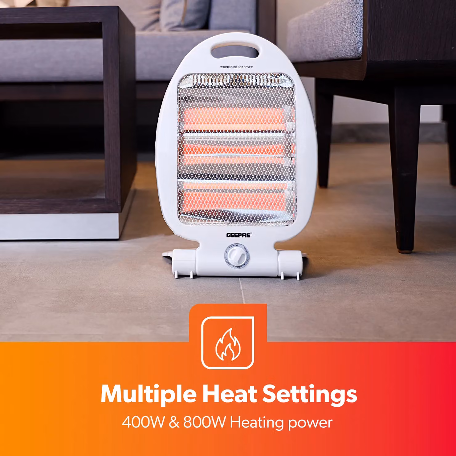 Geepas White Halogen Quartz Portable Freestanding Heater with 400W/800W Settings and Overheat Protection – 2
