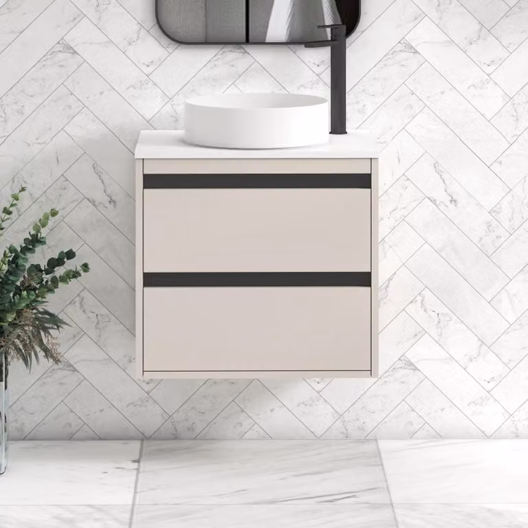 Royal Bathrooms Orion 600mm Warm Taupe Wall Hung Vanity Unit with 2 Drawers, White Art Basin and Black Accent Trim