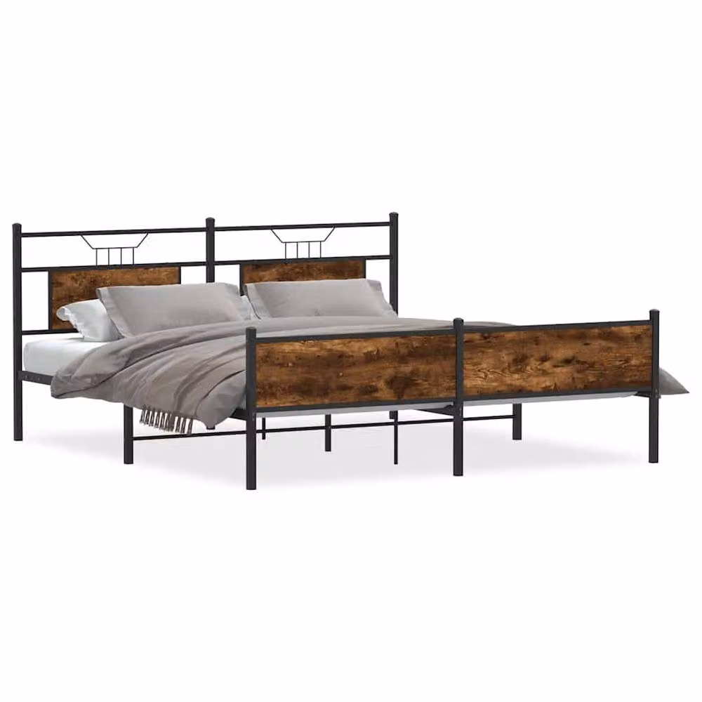 Berkfield Home Metal and Wood Bed Frame in Smoked Oak Brown, W/D/H: 160 x 200 cm – 3