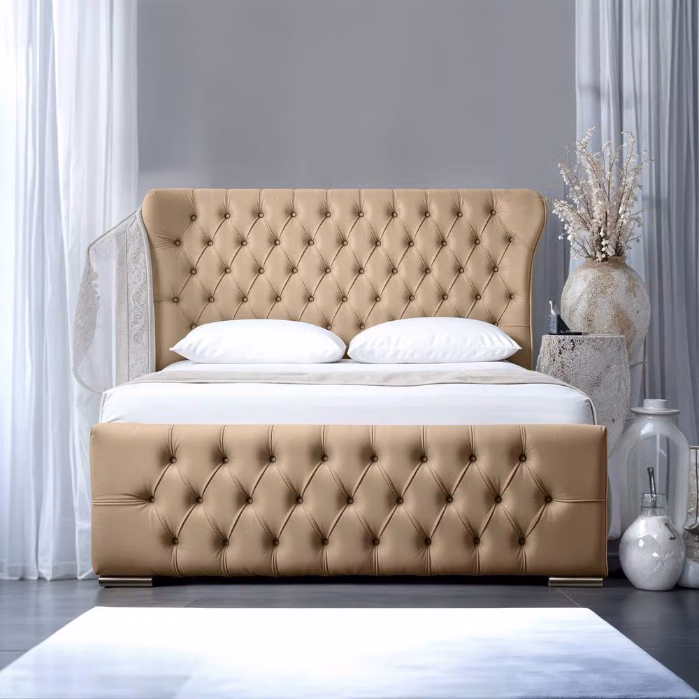 UK Bed Furniture Isabella Upholstered Slatted Base Bed with 48 Inch Wingback Headboard in Beige, W/D/H: 90 x 190 cm, Single – 2