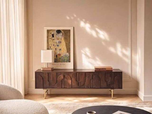 Vente-unique Modern Mango Wood and Black Metal TV Stand with 3 Doors in Brown and Black, W/D/H: 160 x 40 x 50 cm – 1