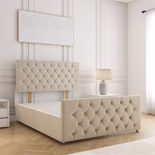 BSSPOKE Maya King Size Plush Velvet Divan Bed with 24 inch Headboard in Beige