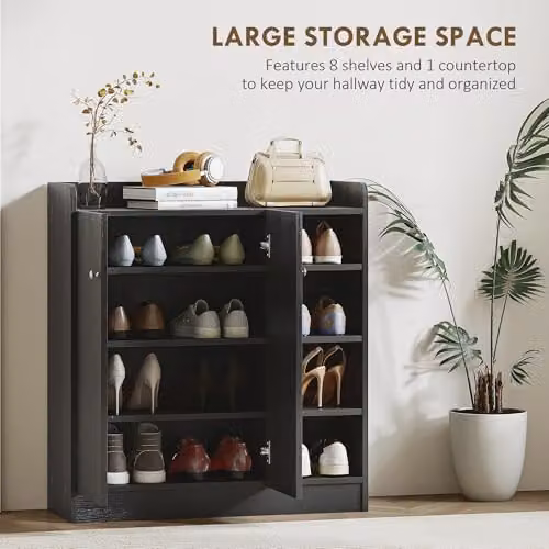HOMCOM Black Shoe Storage Cabinet with Hinged Doors and Adjustable Internal Shelves – 3