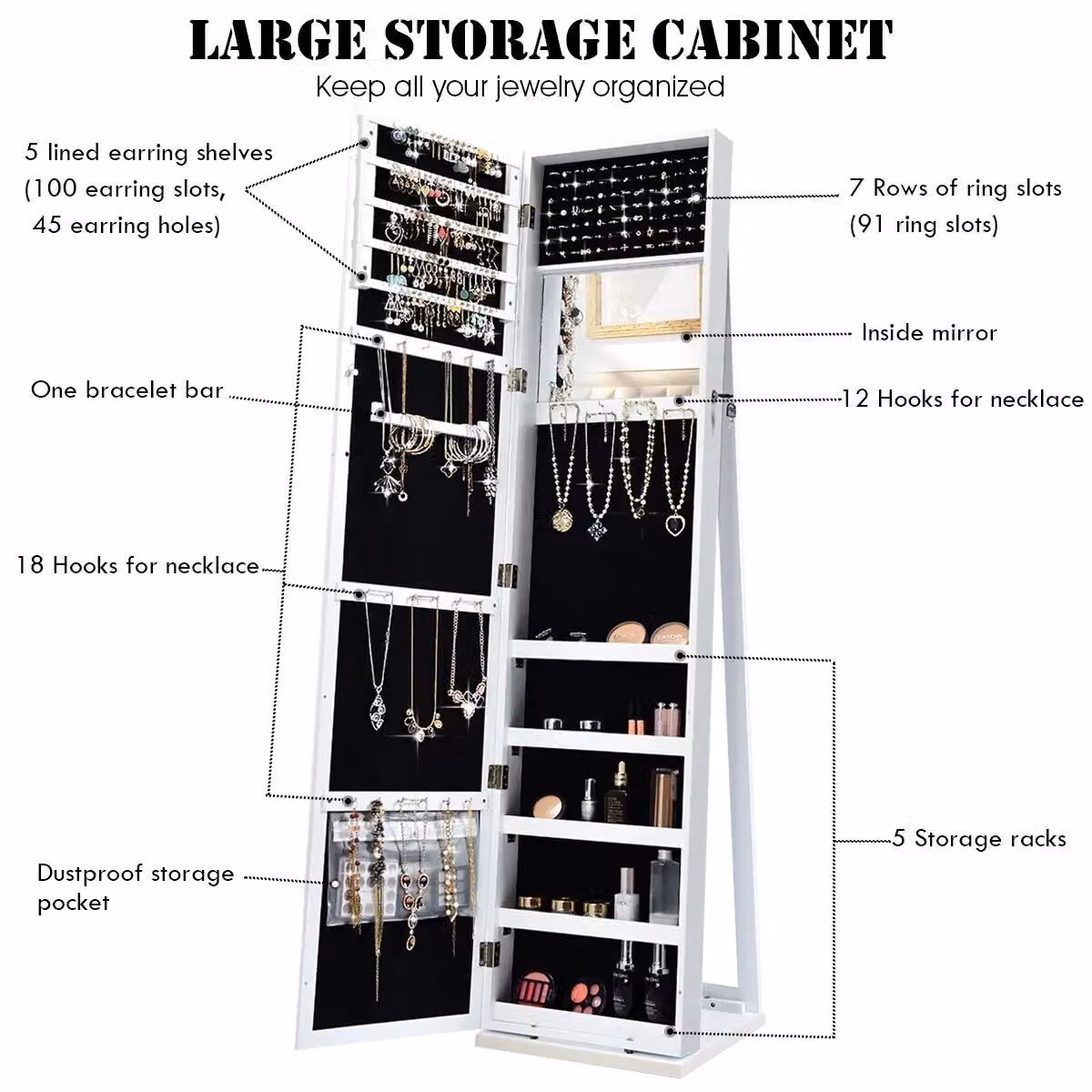 Costway 3-in-1 Full-Length Mirrored Jewelry Armoire and Organizer in White – 4